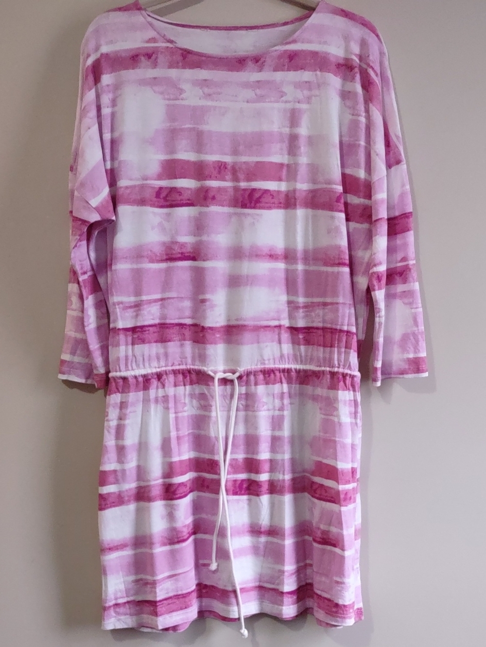 MARGARITA .Pink White Watercolor Striped Drawstring Knit Dress. 3X